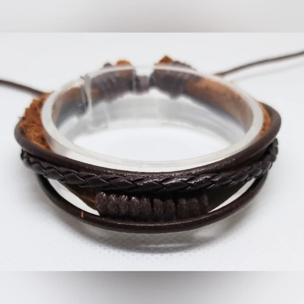 Men's Bracelet Leather Braided Layered Brown New f90